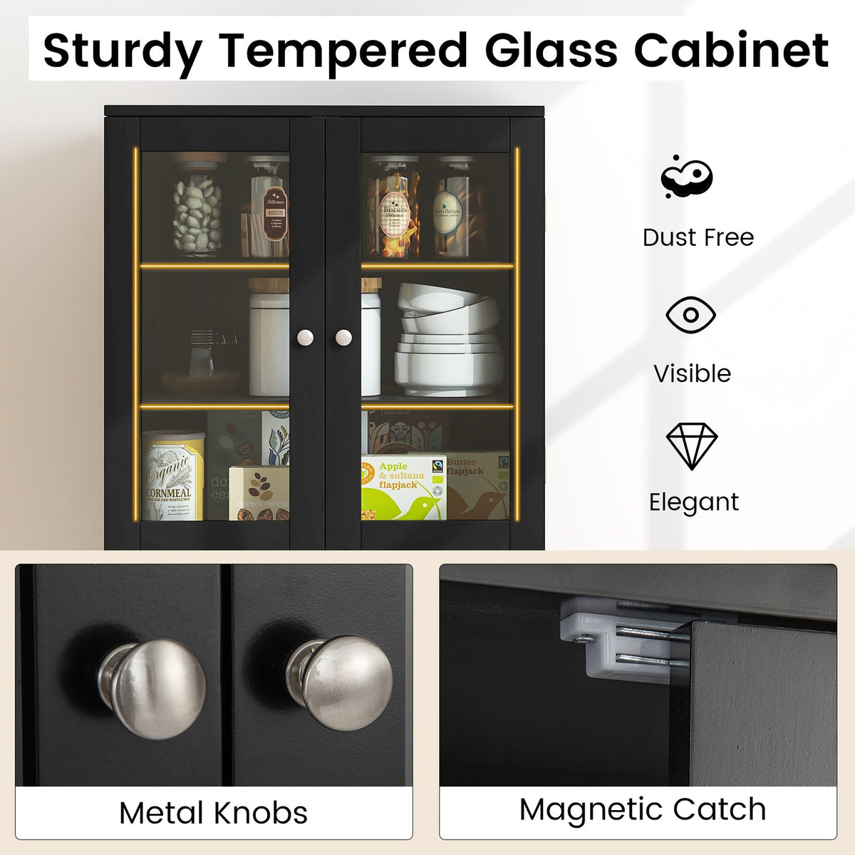 Tall Kitchen Pantry Cabinet with Dual Tempered Glass Doors and Shelves-Black view 9