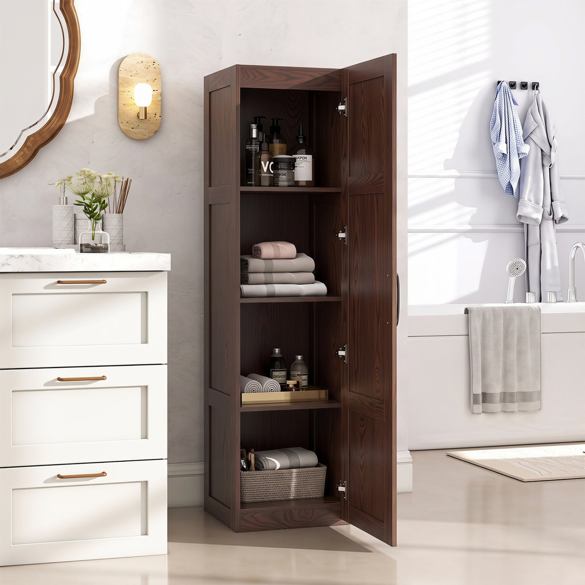 Tall Storage Cabinet with 4 Storage Shelves for Bathroom Living Room-Brown view 2