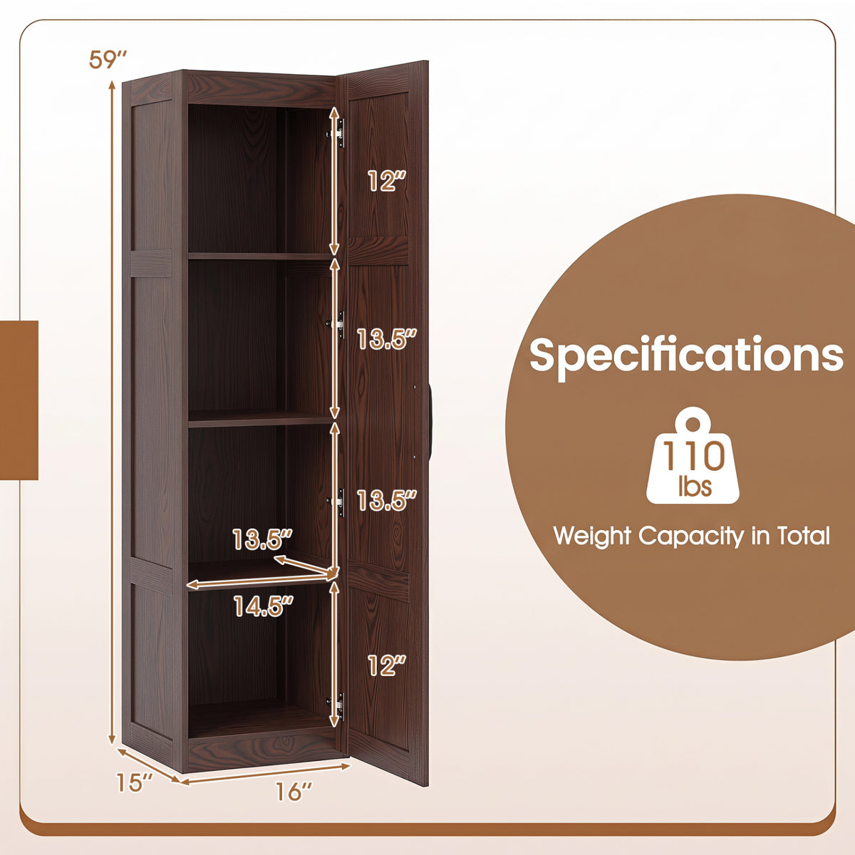 Tall Storage Cabinet with 4 Storage Shelves for Bathroom Living Room-Brown view 5
