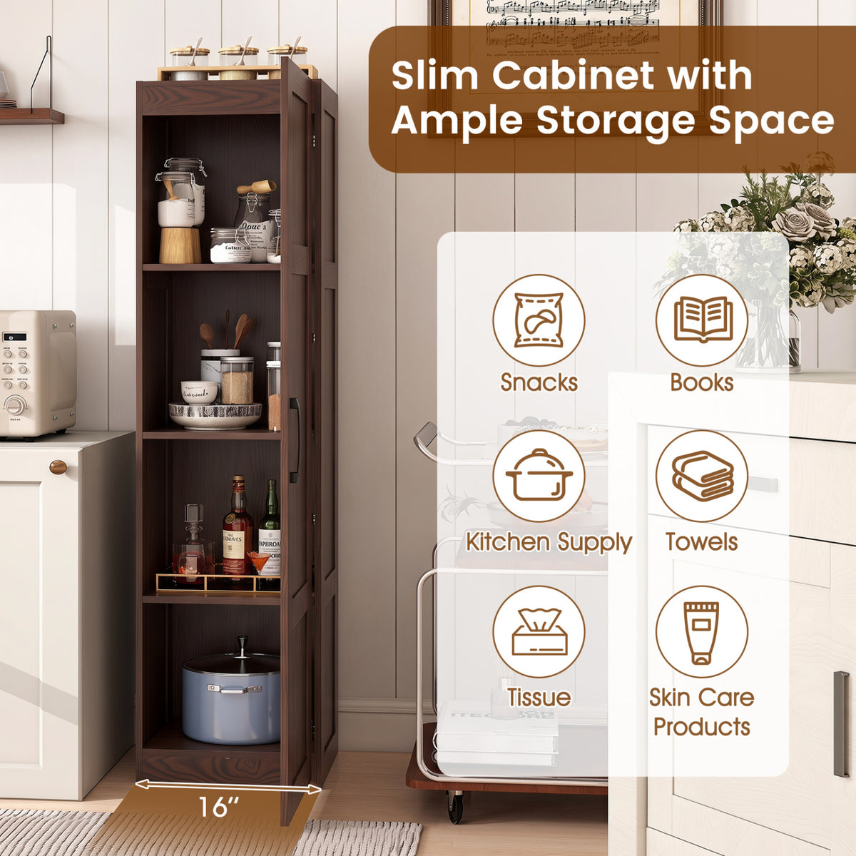 Tall Storage Cabinet with 4 Storage Shelves for Bathroom Living Room-Brown view 7