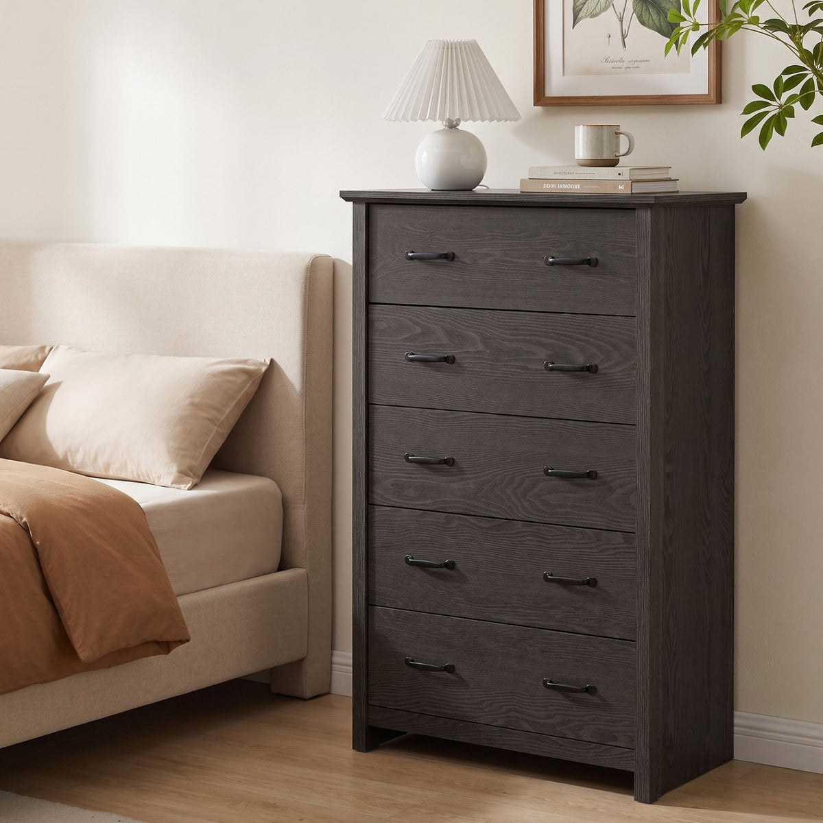 Tall Storage Dresser with 5 Pull-out Drawers for Bedroom Living Room-Gray view 2