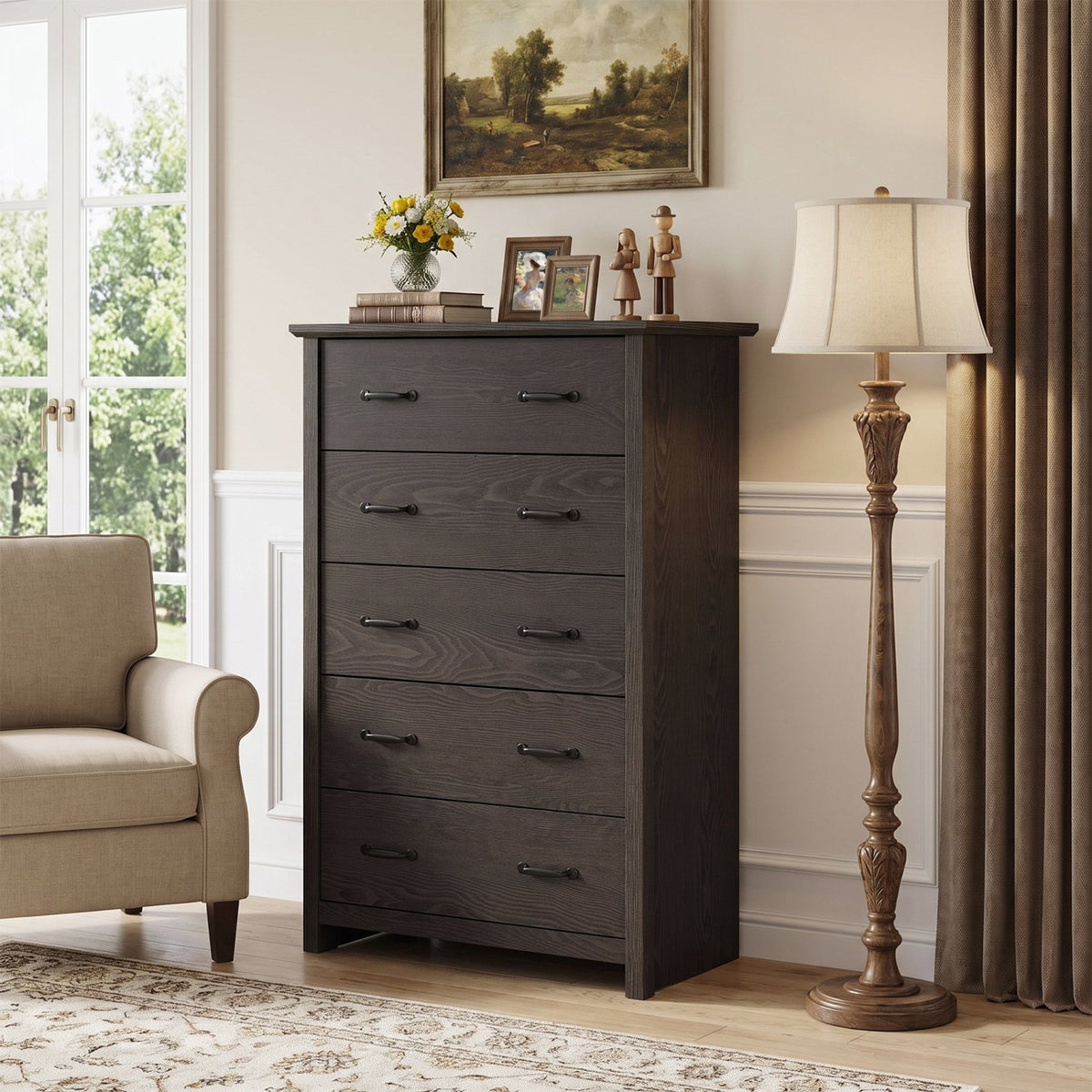 Tall Storage Dresser with 5 Pull-out Drawers for Bedroom Living Room-Gray view 3