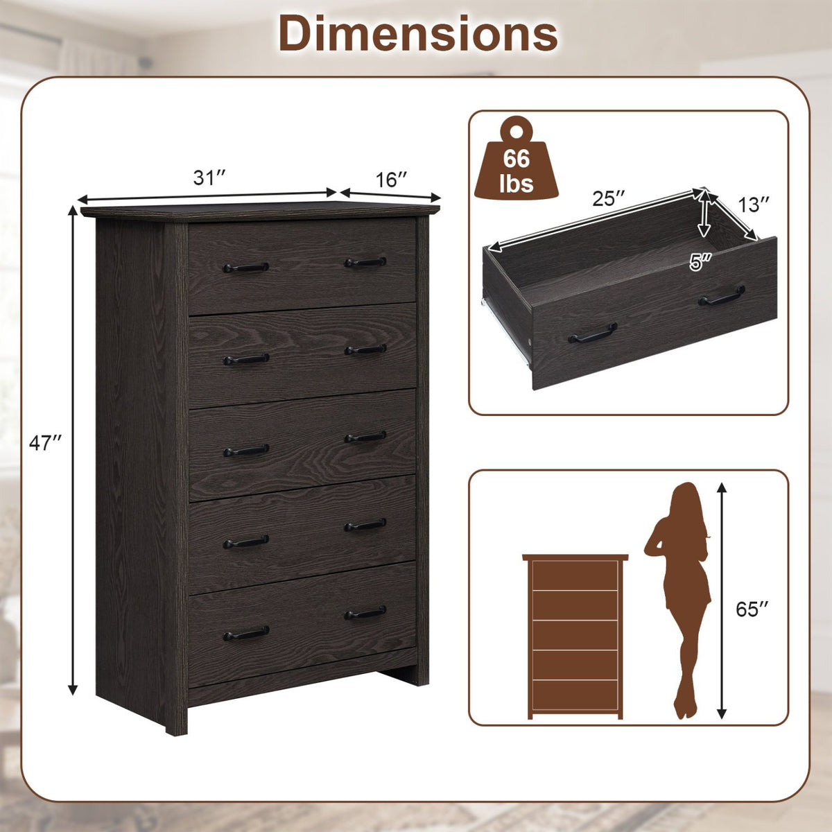 Tall Storage Dresser with 5 Pull-out Drawers for Bedroom Living Room-Gray view 5