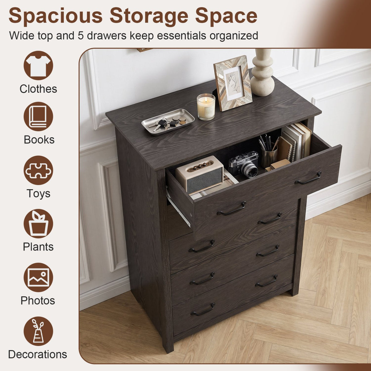Tall Storage Dresser with 5 Pull-out Drawers for Bedroom Living Room-Gray view 8