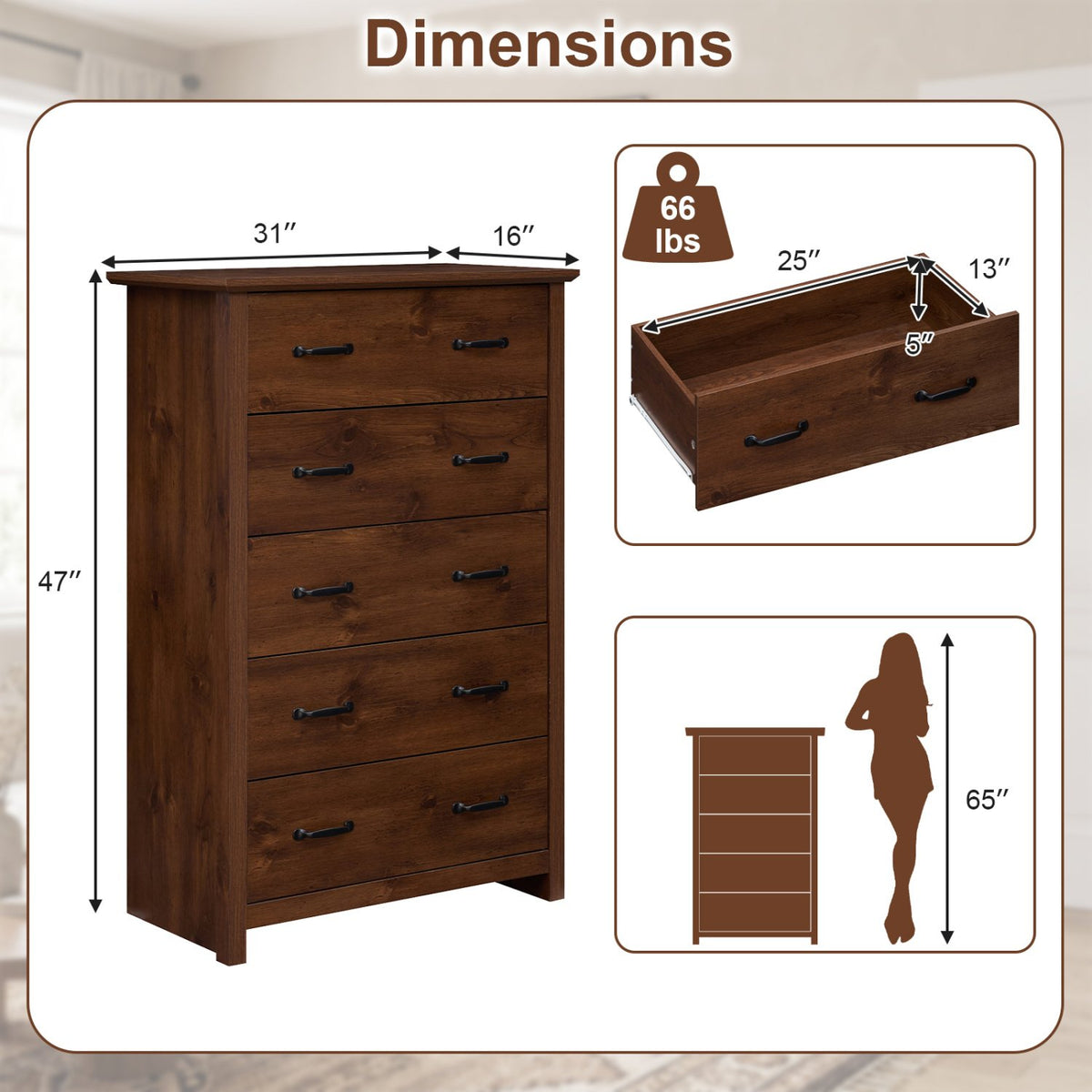 Tall Storage Dresser with 5 Pull-out Drawers for Bedroom Living Room-Walnut view 5