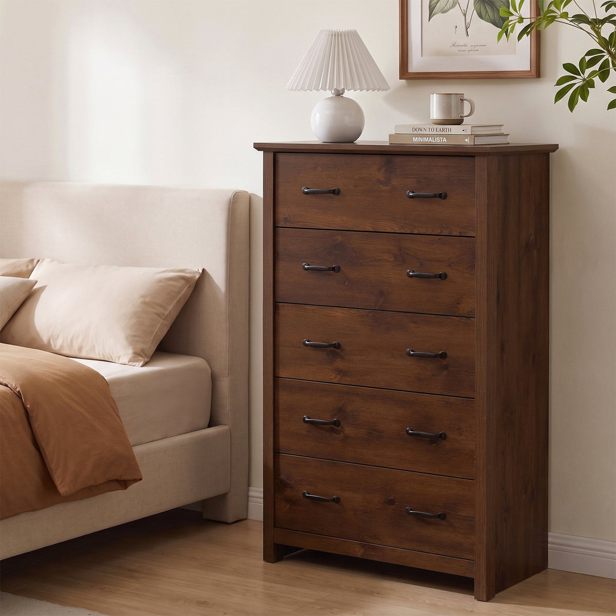 Tall Storage Dresser with 5 Pull-out Drawers for Bedroom Living Room-Walnut view 6