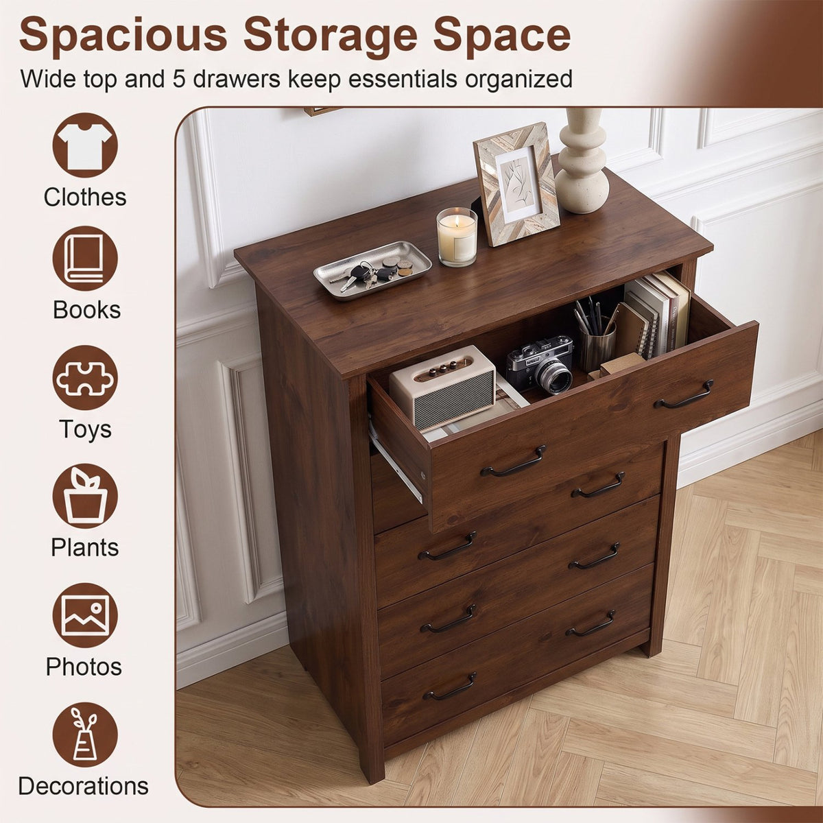 Tall Storage Dresser with 5 Pull-out Drawers for Bedroom Living Room-Walnut view 8