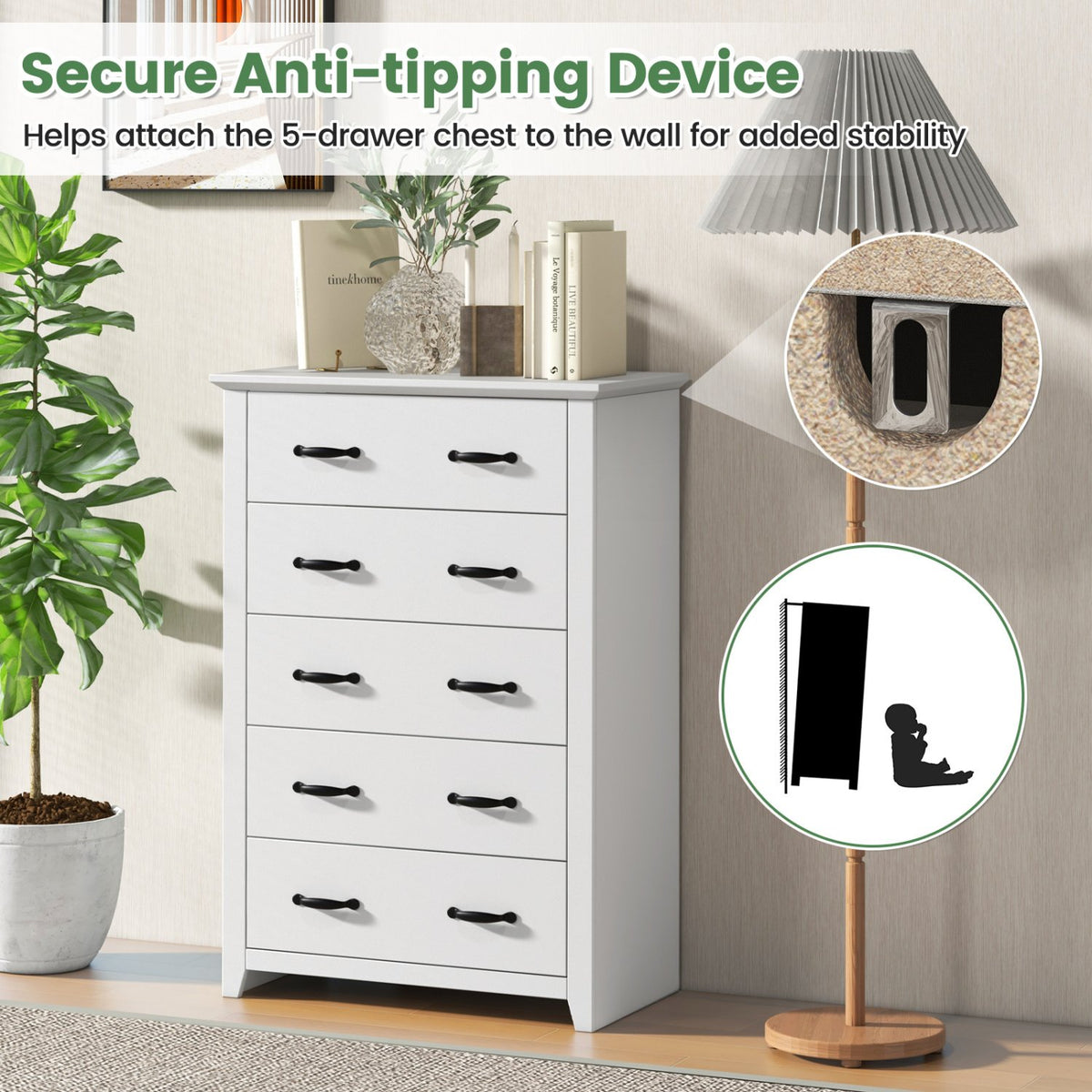 Tall Storage Dresser with 5 Pull-out Drawers for Bedroom Living Room-White view 8