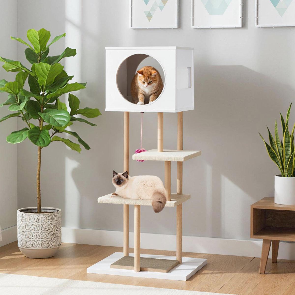 Tall Wood Cat Tower with 2 Corrugated Cardboard-White view 2