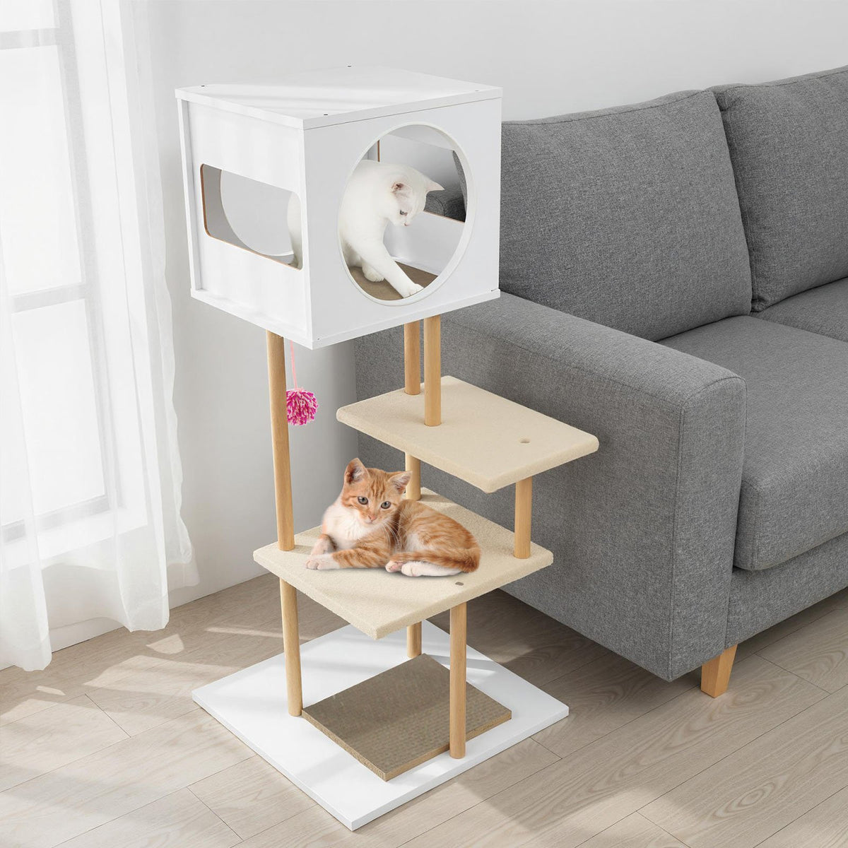 Tall Wood Cat Tower with 2 Corrugated Cardboard-White view 3
