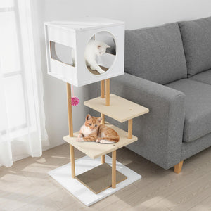 Tall Wood Cat Tower with 2 Corrugated Cardboard-White view 3