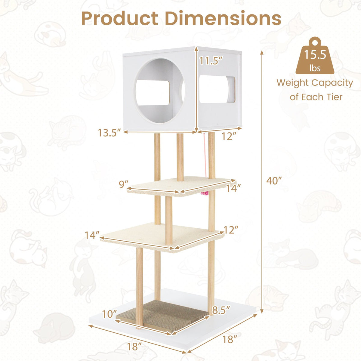 Tall Wood Cat Tower with 2 Corrugated Cardboard-White view 5