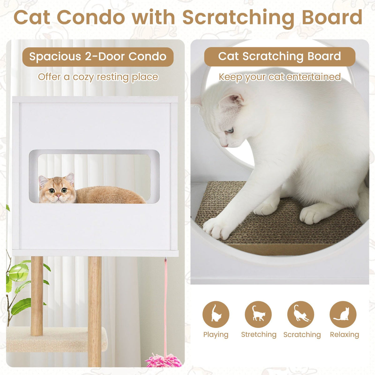 Tall Wood Cat Tower with 2 Corrugated Cardboard-White view 6