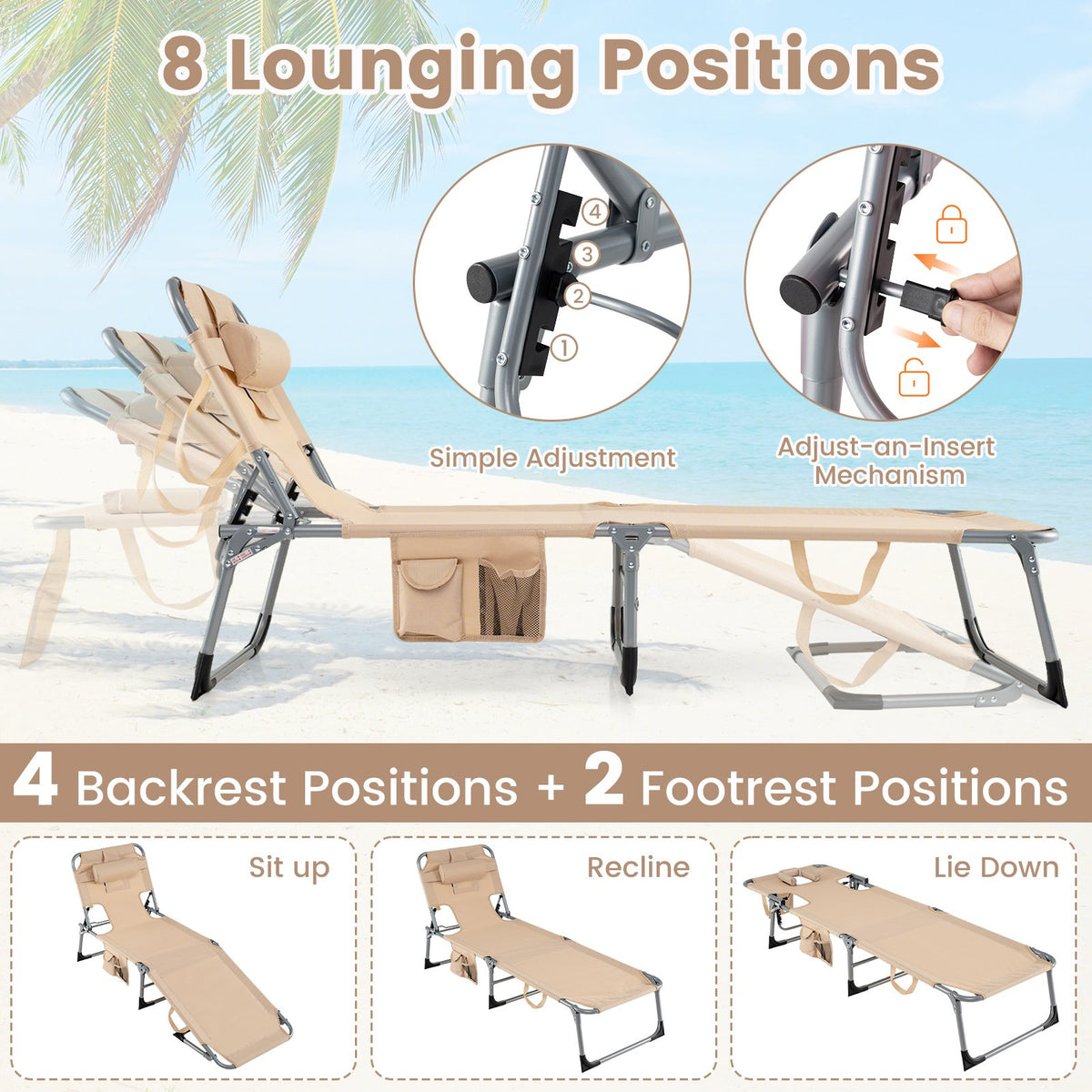 Tanning Chair with Face Arm Holes Folding Chair-Beige view 5
