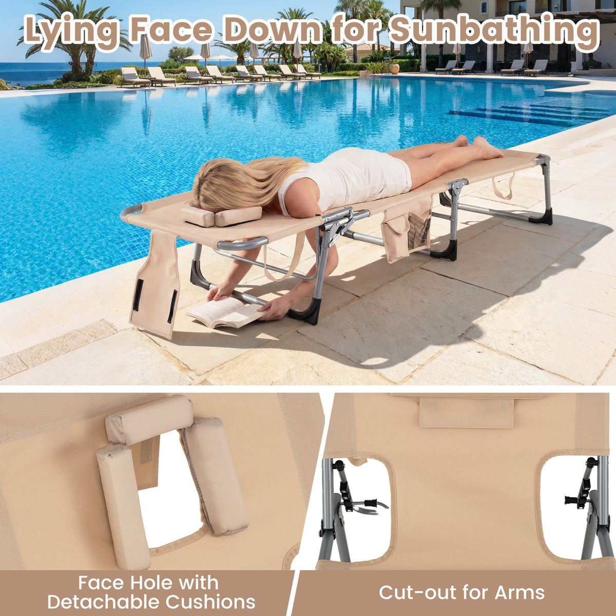 Tanning Chair with Face Arm Holes Folding Chair-Beige view 7