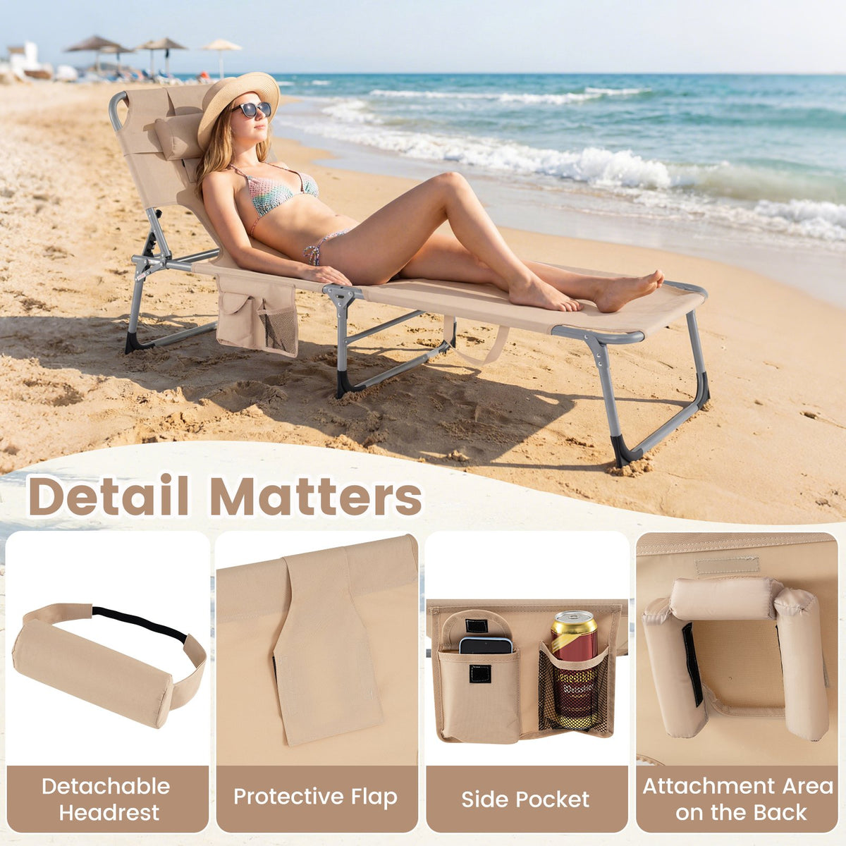 Tanning Chair with Face Arm Holes Folding Chair-Beige view 9