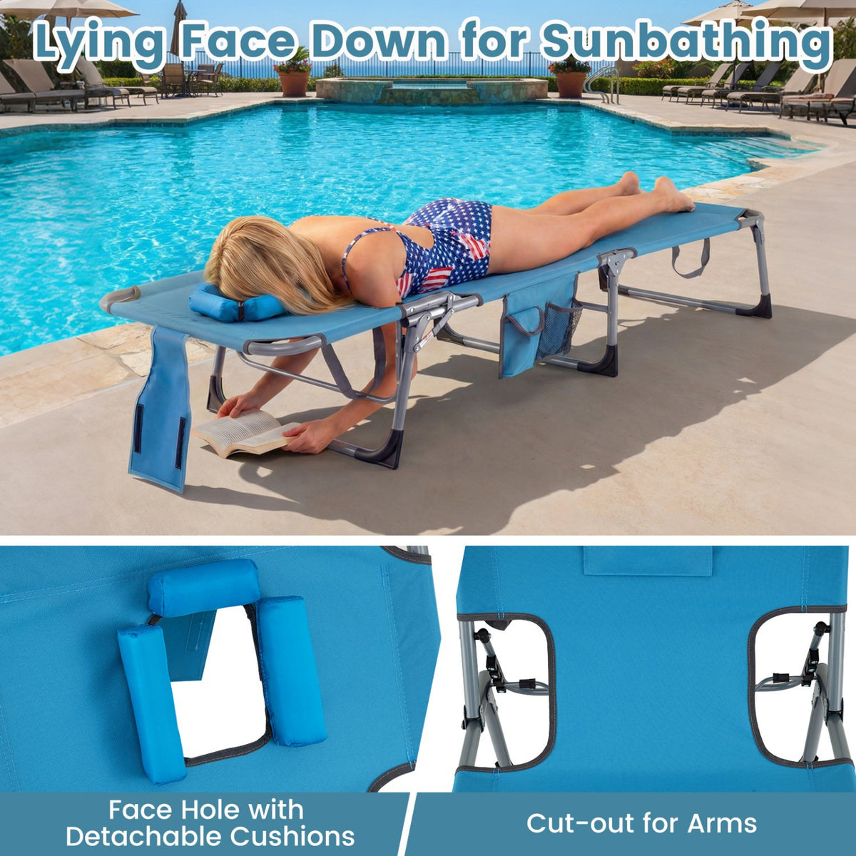 Tanning Chair with Face Arm Holes Folding Chair-Navy view 7