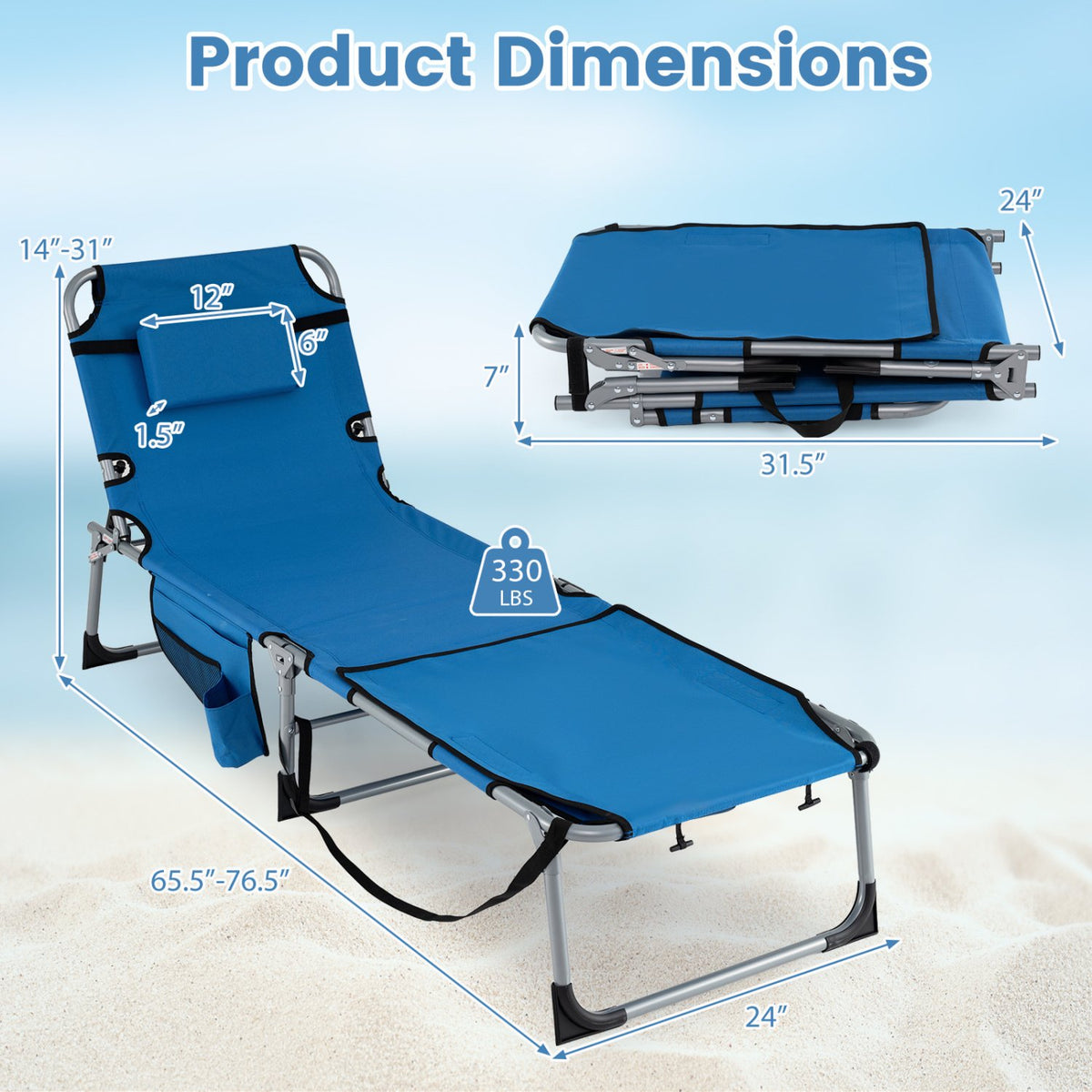 Tanning Chair with Face Arm Holes Portable Sunbathing Chair-Blue view 4
