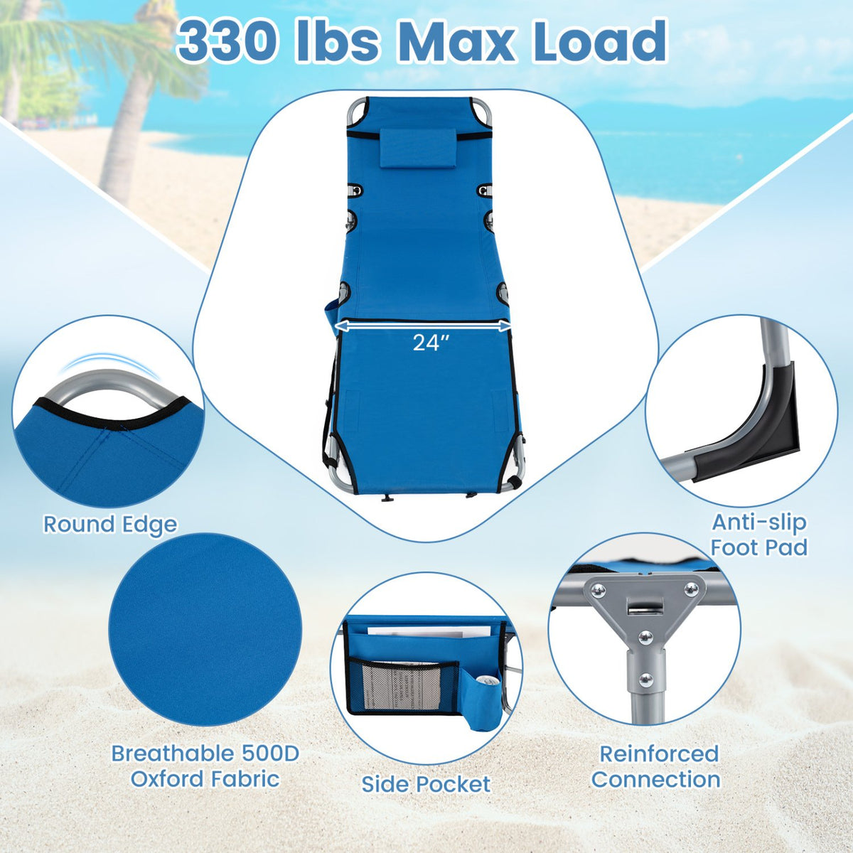 Tanning Chair with Face Arm Holes Portable Sunbathing Chair-Blue view 8