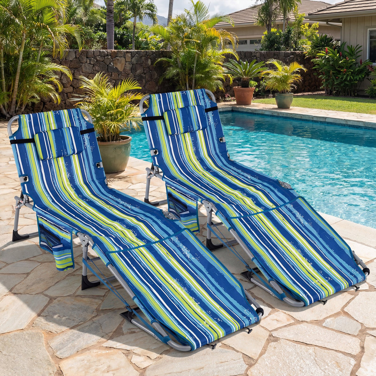 Tanning Chair with Face Arm Holes Portable Sunbathing Chair-Blue & Green view 3