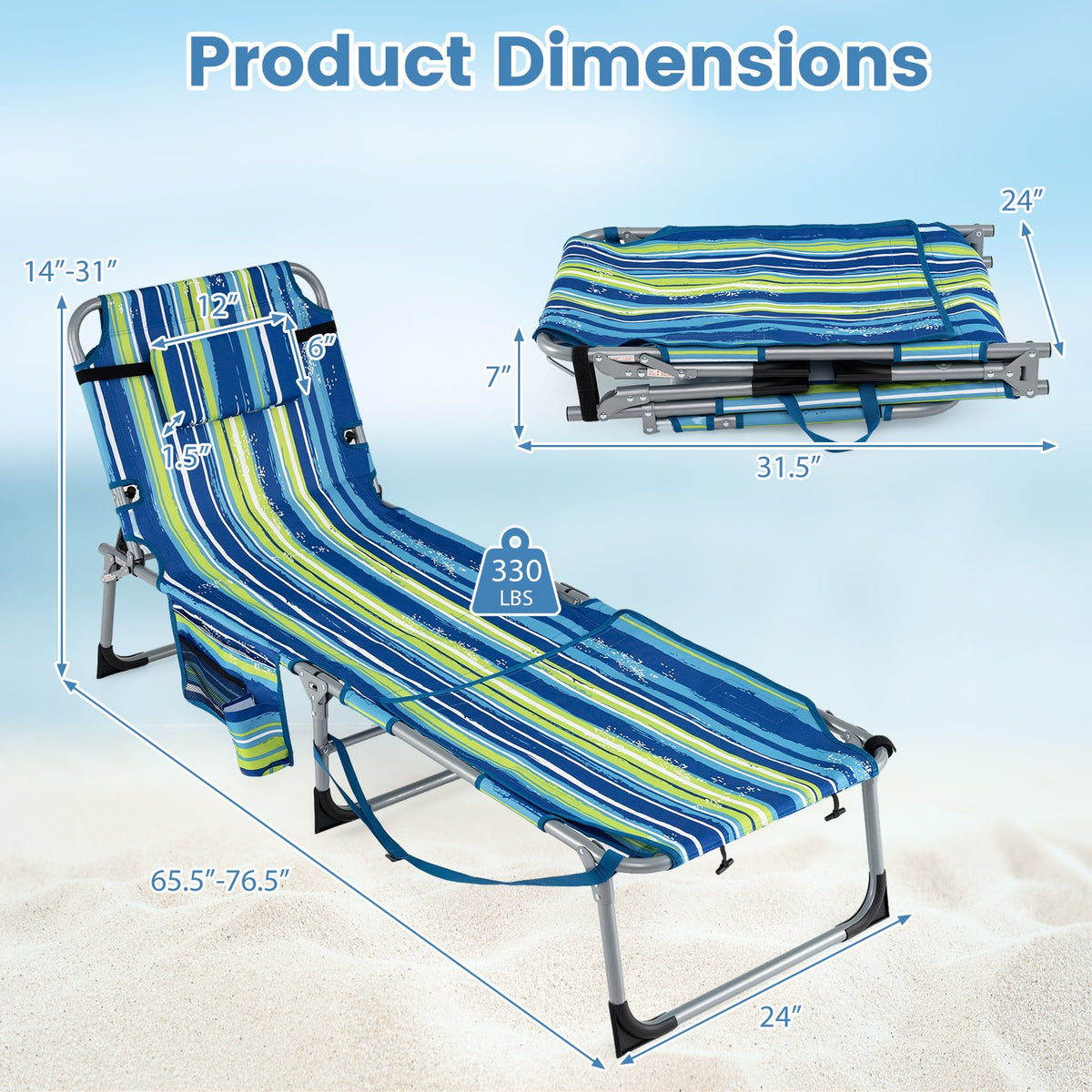 Tanning Chair with Face Arm Holes Portable Sunbathing Chair-Blue & Green view 5