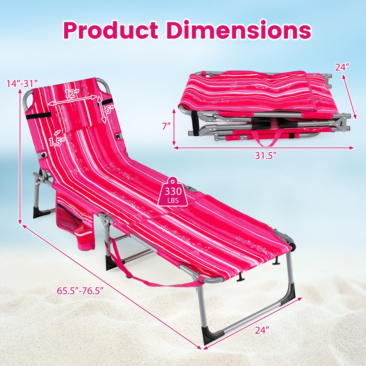 Tanning Chair with Face Arm Holes Portable Sunbathing Chair-Pink Strip view 5