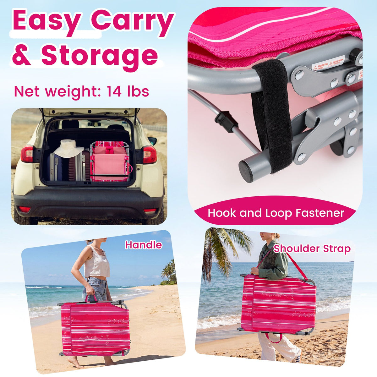 Tanning Chair with Face Arm Holes Portable Sunbathing Chair-Pink Strip view 9