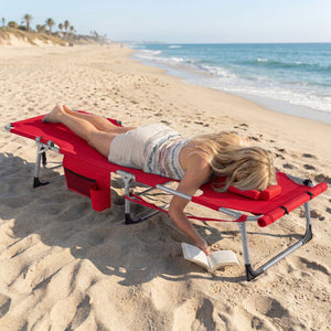 Tanning Chair with Face Arm Holes Portable Sunbathing Chair-Red view 2