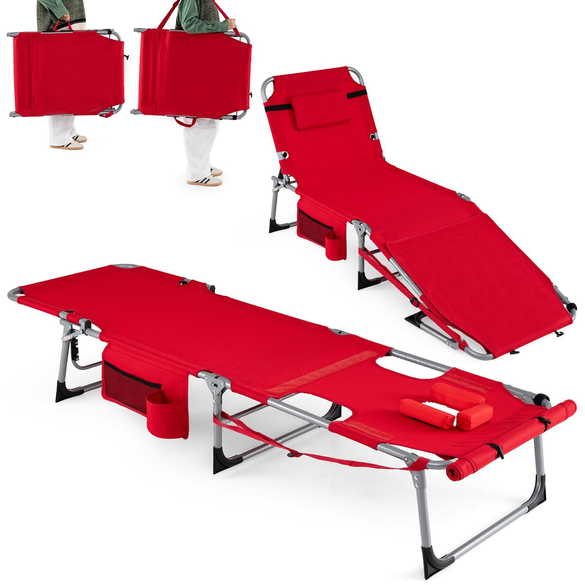 Tanning Chair with Face Arm Holes Portable Sunbathing Chair-Red view 4