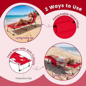 Tanning Chair with Face Arm Holes Portable Sunbathing Chair-Red view 7