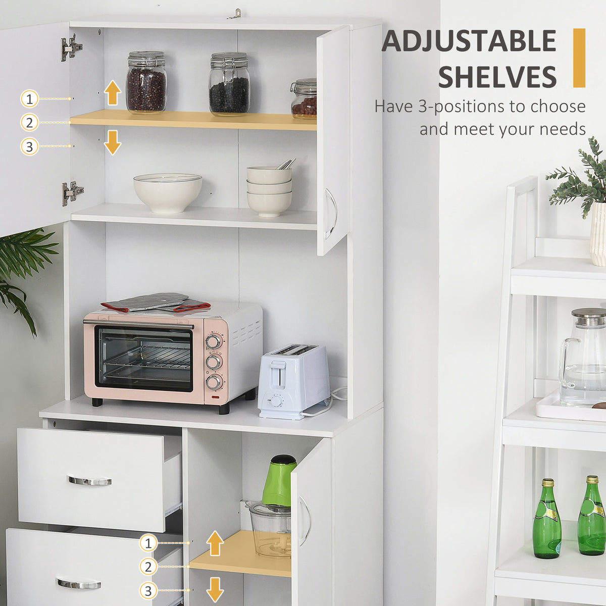 Freestanding Kitchen Buffet with Hutch Storage Organizer with 2 Door Cabinets, 3 Drawers and Open Countertop, Adjustable Shelf for Dining Room Pantry, White