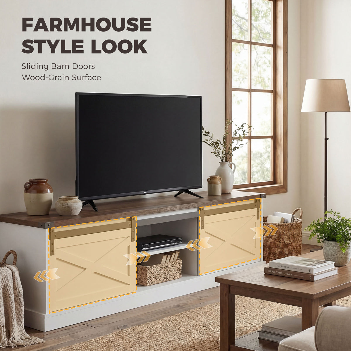 TV Stand for TVs up to 65 Inch, Entertainment Center with Shelves, Cabinets, Sliding Barn Doors, Thick Top, White