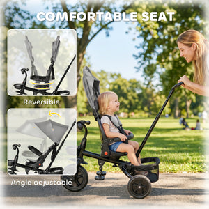 Qaba Tricycle for Toddler 5 in 1 Kids Trike, Foldable Converts Stroller to Toddler Bike, Adjustable Backrest & Curved Canopy, Detachable Guardrail & Handle for 1-5 Years Old