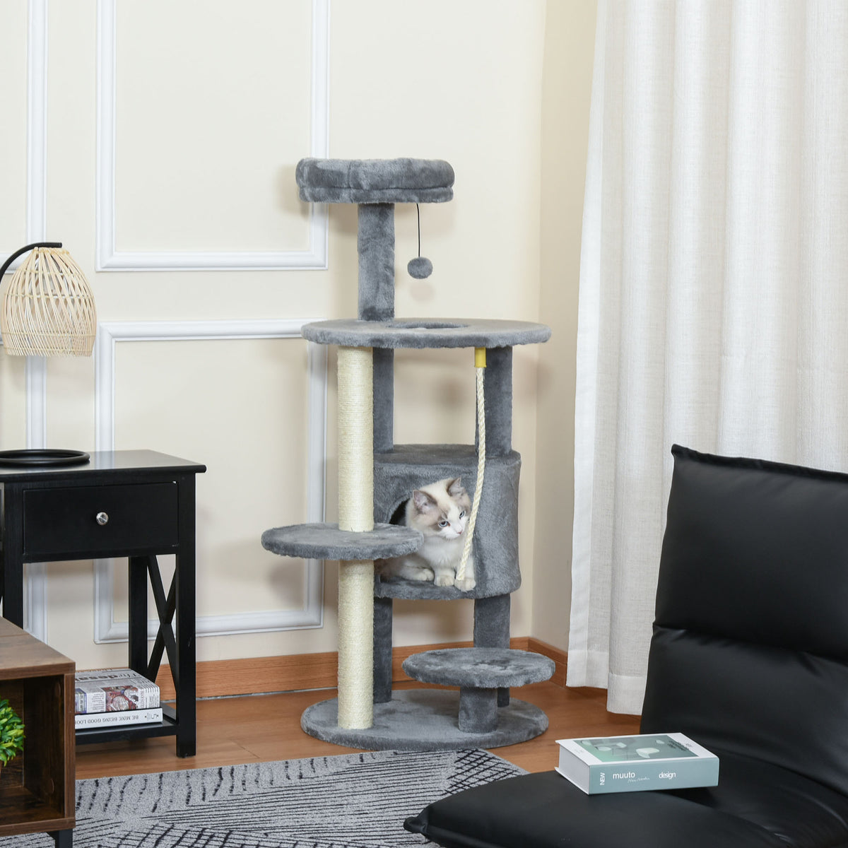 41" Cat Tree Tower Activity Center with Condo, Scratching Posts and Hanging Toys, Dark Grey
