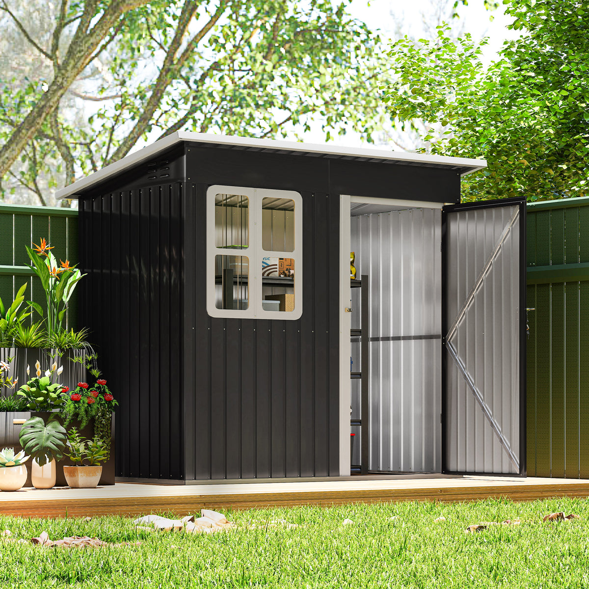 7' x 4' Galvanised Steel Outdoor Storage Shed, Garden Shed with Window, Lockable Wide Door and Air Vents – view 7