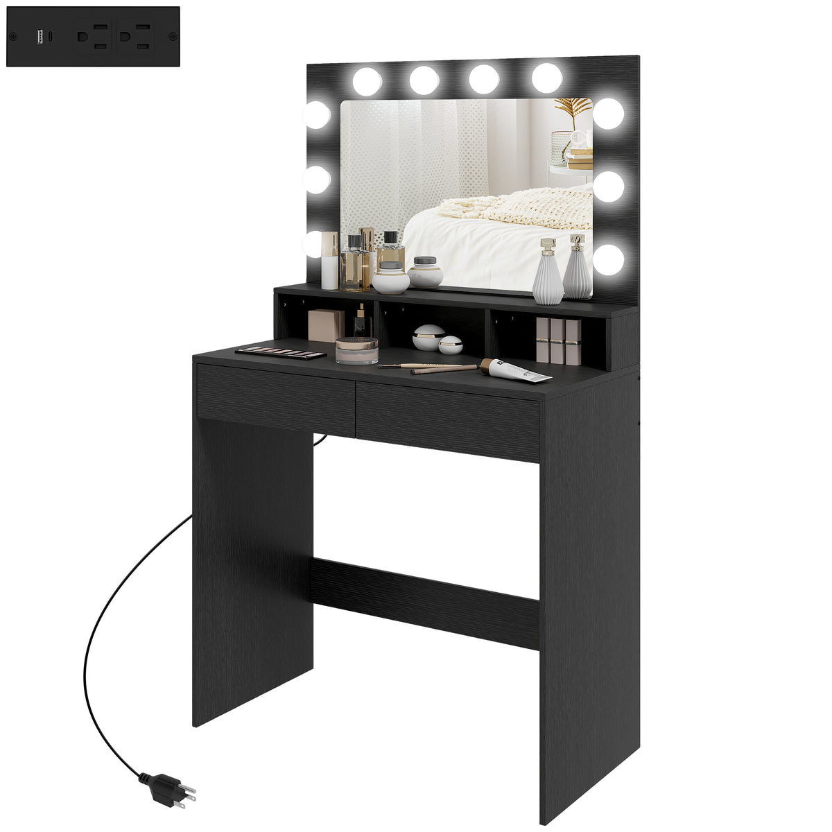 Vanity Table, Makeup Dressing Table with LED Lighting Mirror, Drawers, for Bedroom, Black – view 15