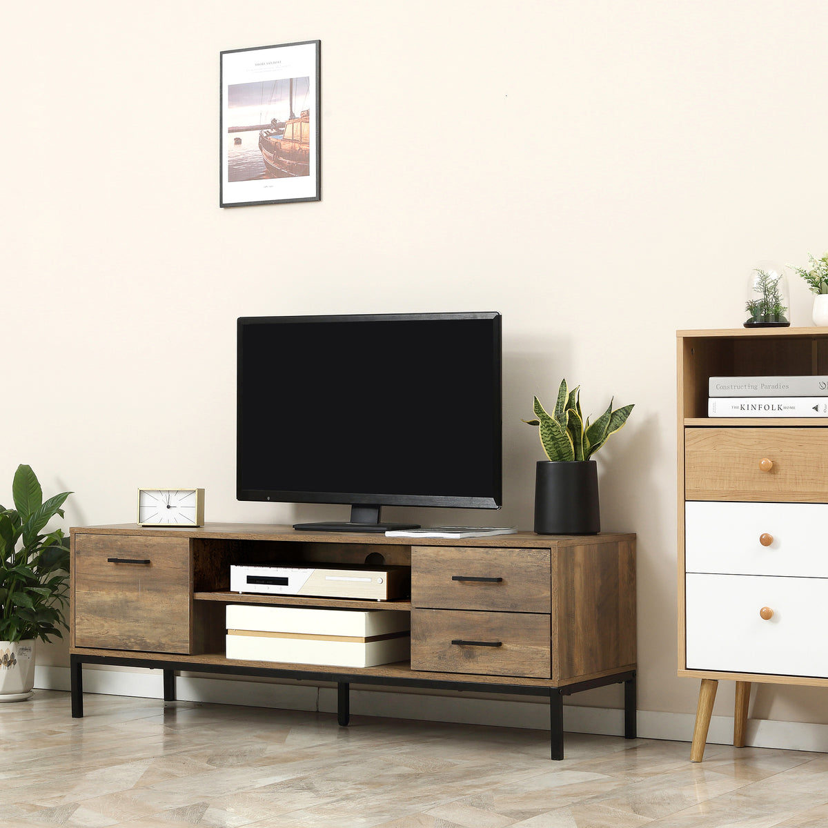 TV Stand for TV up to 50 Inches, TV Cabinet with Door, Open Storage and Drawers, TV Table with Steel Legs – view 14