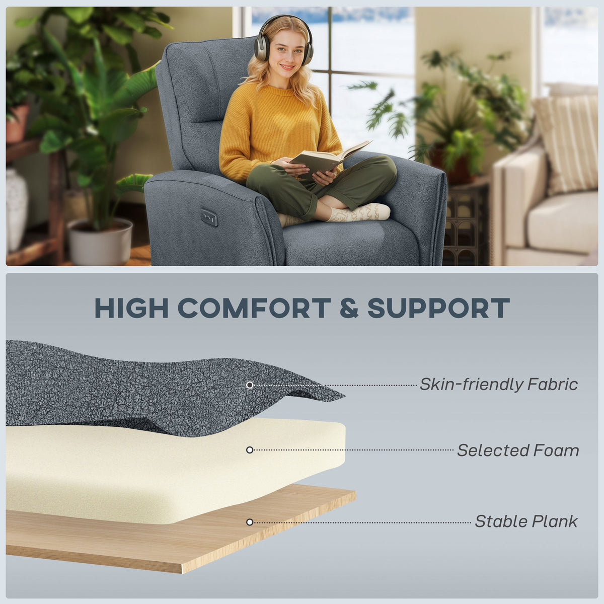 Power Recliner Chair, Dyed Fabric (Like Leathaire) Upholstered Recliner Chair with USB Ports, Footrest – view 11