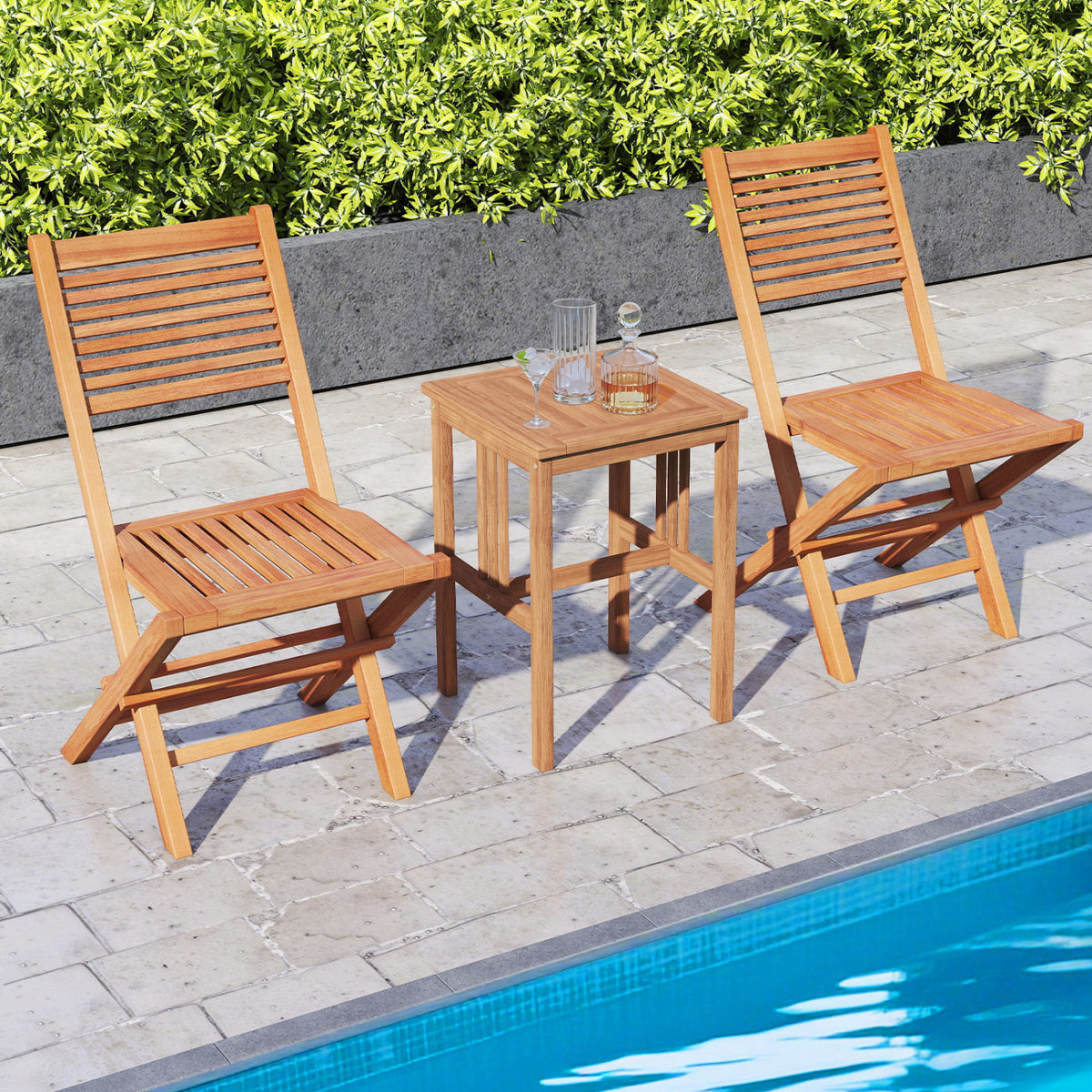 Teak Wood Folding Patio Chairs Set of 2 with Slatted Seat & Portable Design for Deck view 3