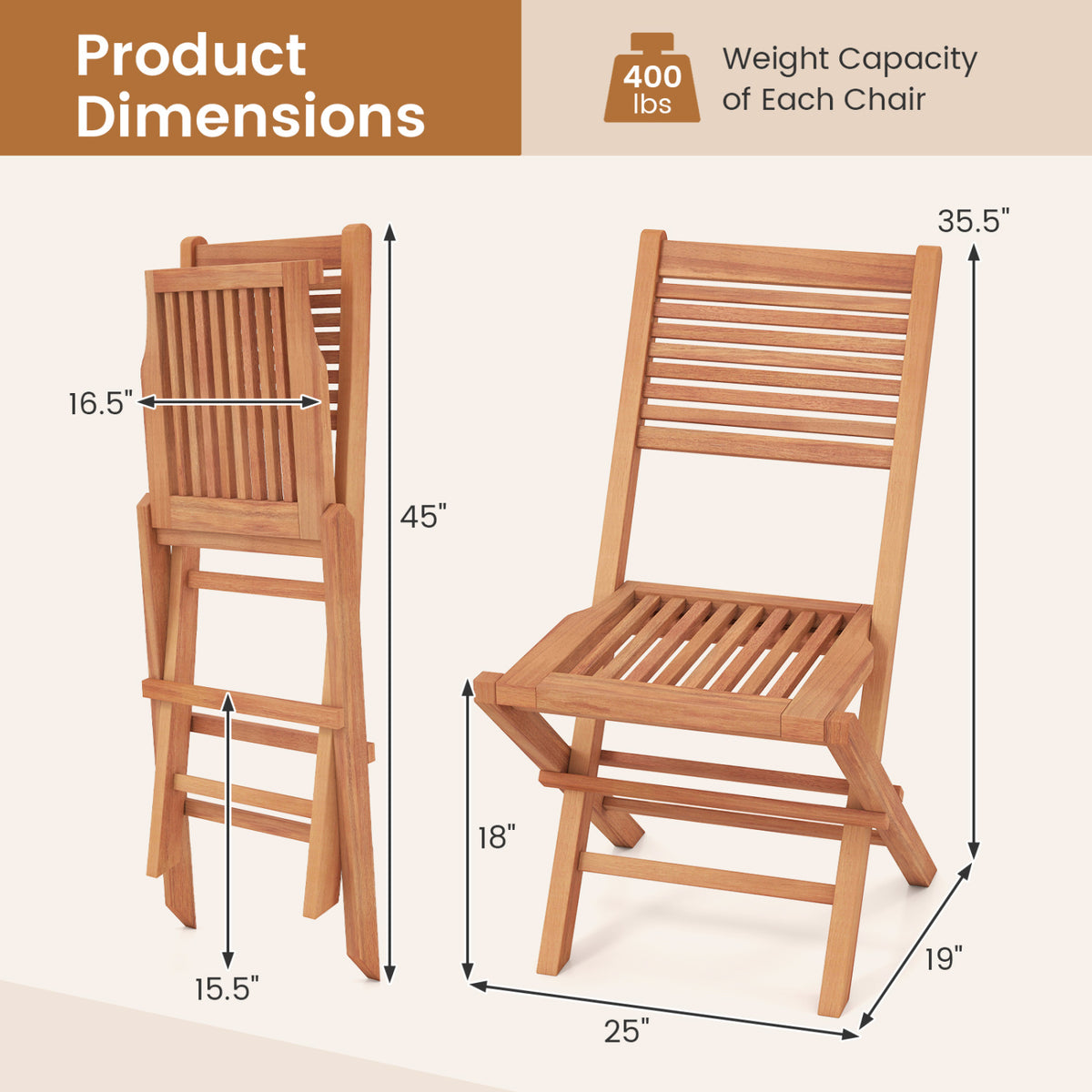 Teak Wood Folding Patio Chairs Set of 2 with Slatted Seat & Portable Design for Deck view 4