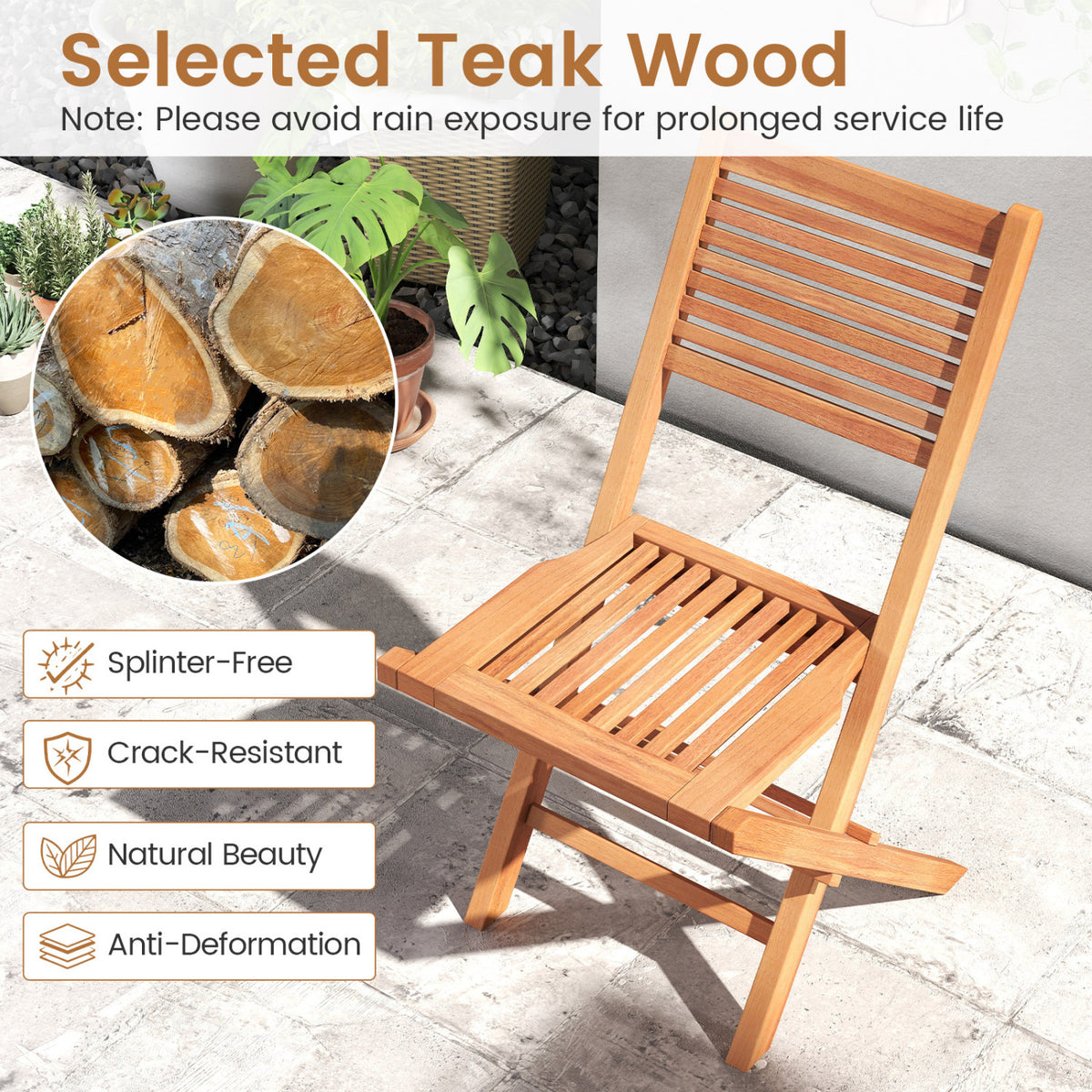 Teak Wood Folding Patio Chairs Set of 2 with Slatted Seat & Portable Design for Deck view 6