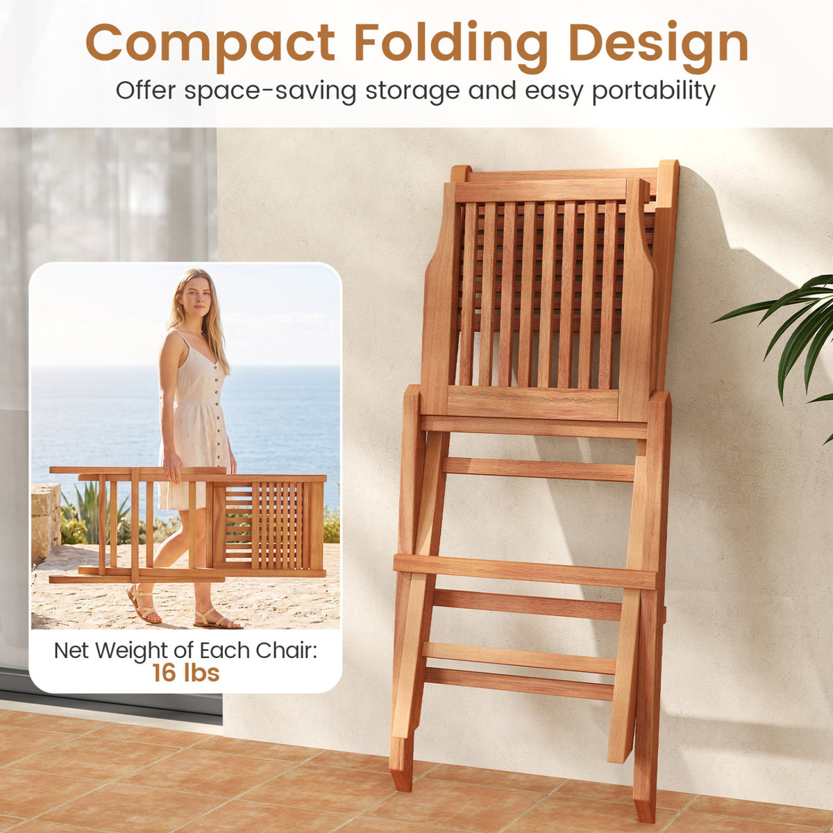 Teak Wood Folding Patio Chairs Set of 2 with Slatted Seat & Portable Design for Deck view 7