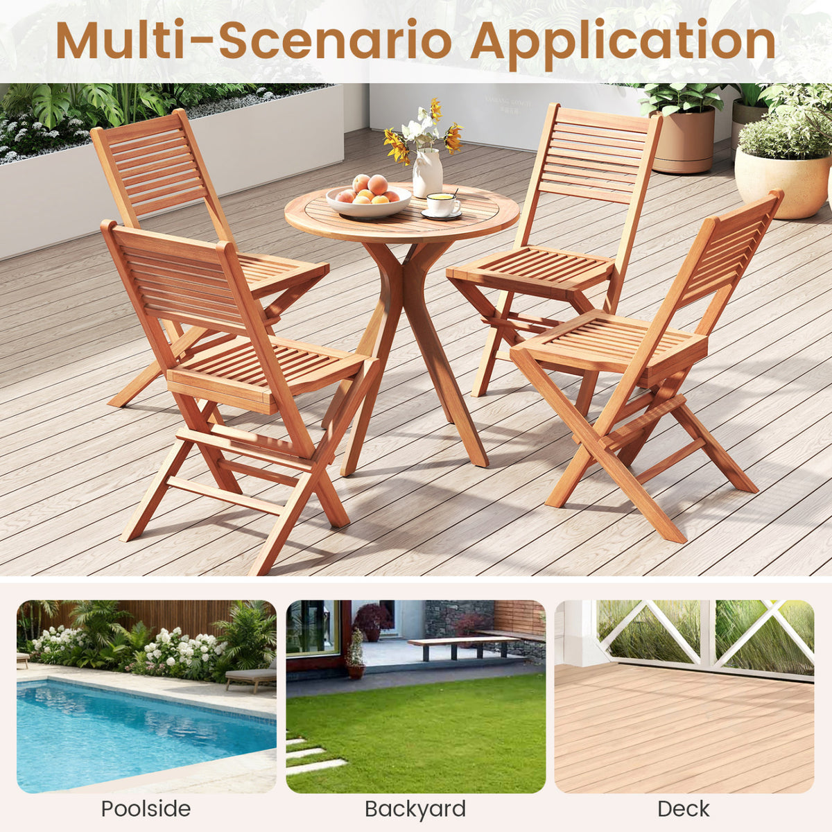 Teak Wood Folding Patio Chairs Set of 2 with Slatted Seat & Portable Design for Deck view 8