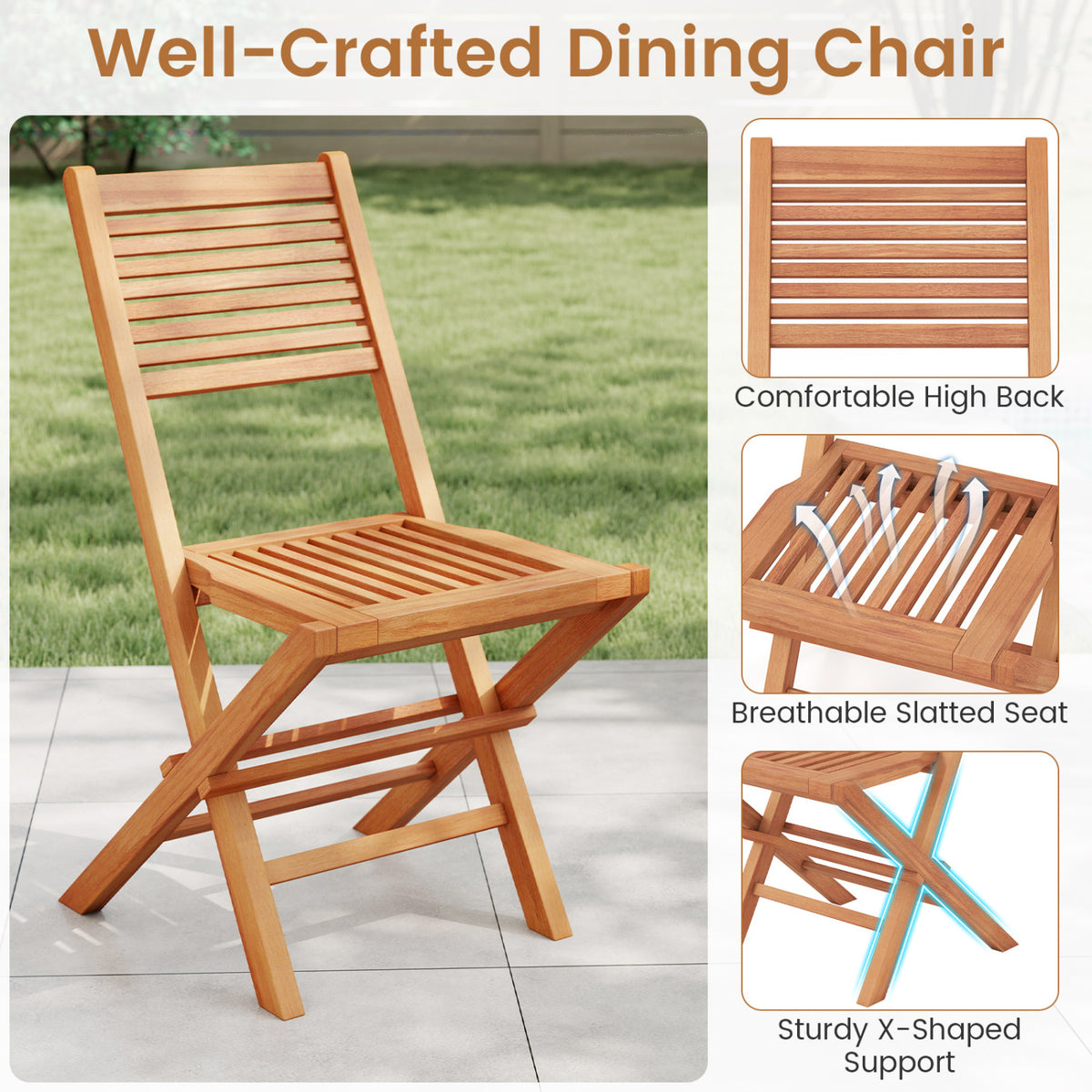 Teak Wood Folding Patio Chairs Set of 2 with Slatted Seat & Portable Design for Deck view 9