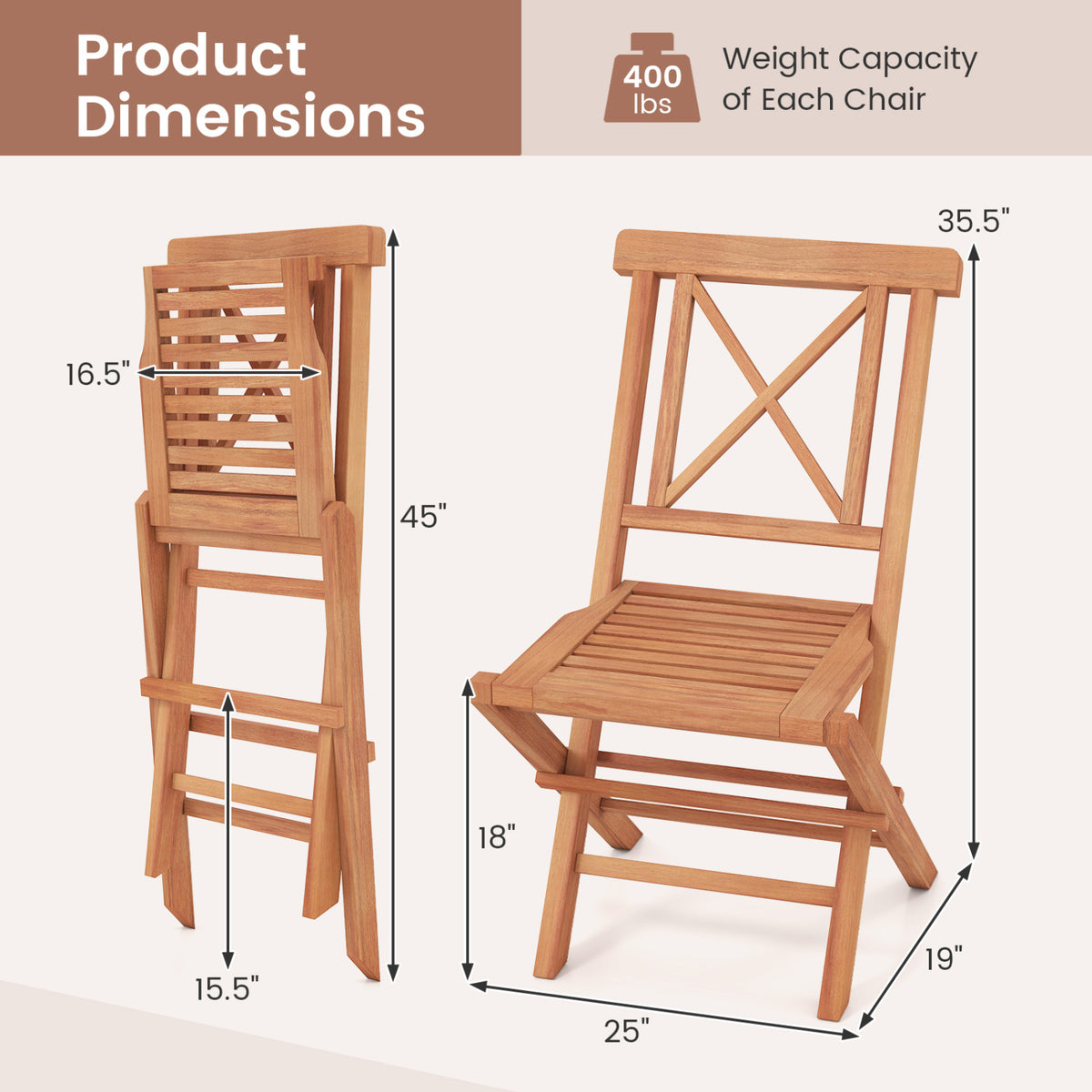 Teak Wood Folding Patio Chairs Set of 2 with Sturdy Frame & Comfort Back for Garden view 5