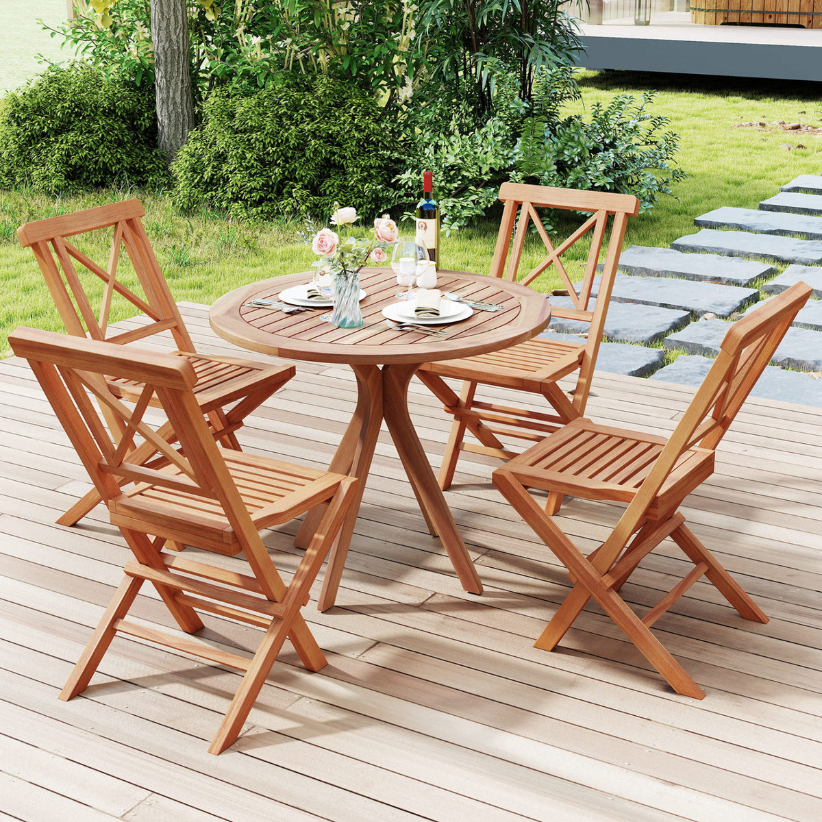 Teak Wood Folding Patio Chairs Set of 2 with Sturdy Frame & Comfort Back for Garden view 7