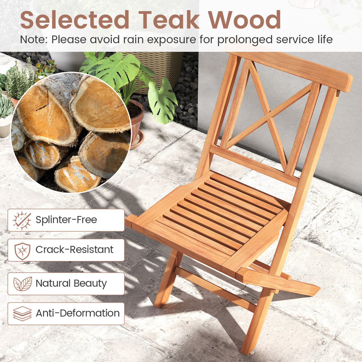 Teak Wood Folding Patio Chairs Set of 2 with Sturdy Frame & Comfort Back for Garden view 8