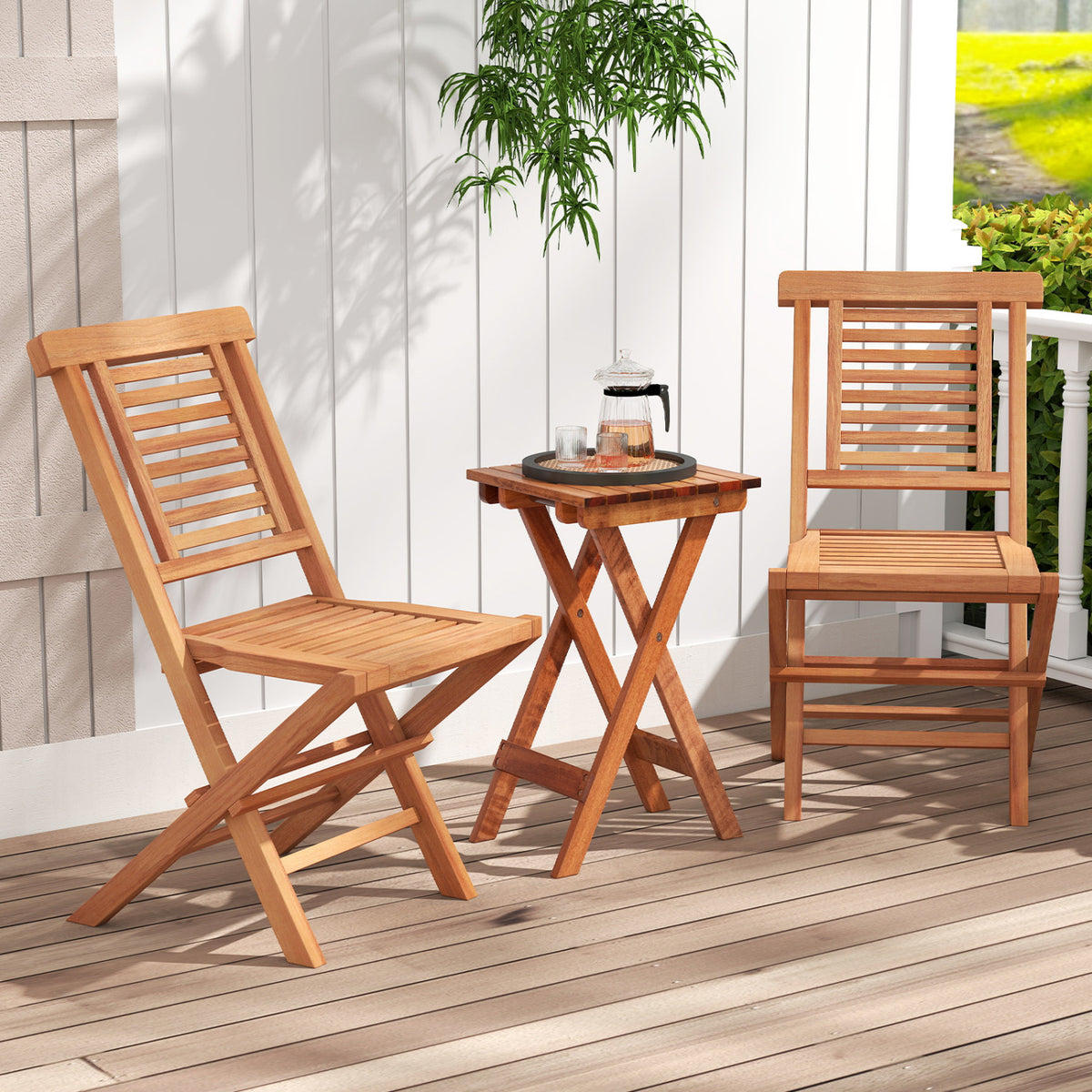 Teak Wood Folding Patio Chairs Set of 2 with X-Support & High Backrest for Backyard view 2