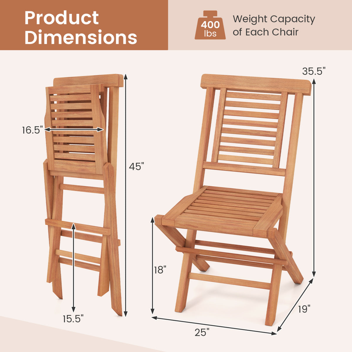 Teak Wood Folding Patio Chairs Set of 2 with X-Support & High Backrest for Backyard view 5