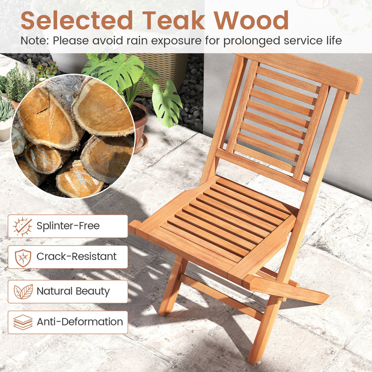 Teak Wood Folding Patio Chairs Set of 2 with X-Support & High Backrest for Backyard view 8